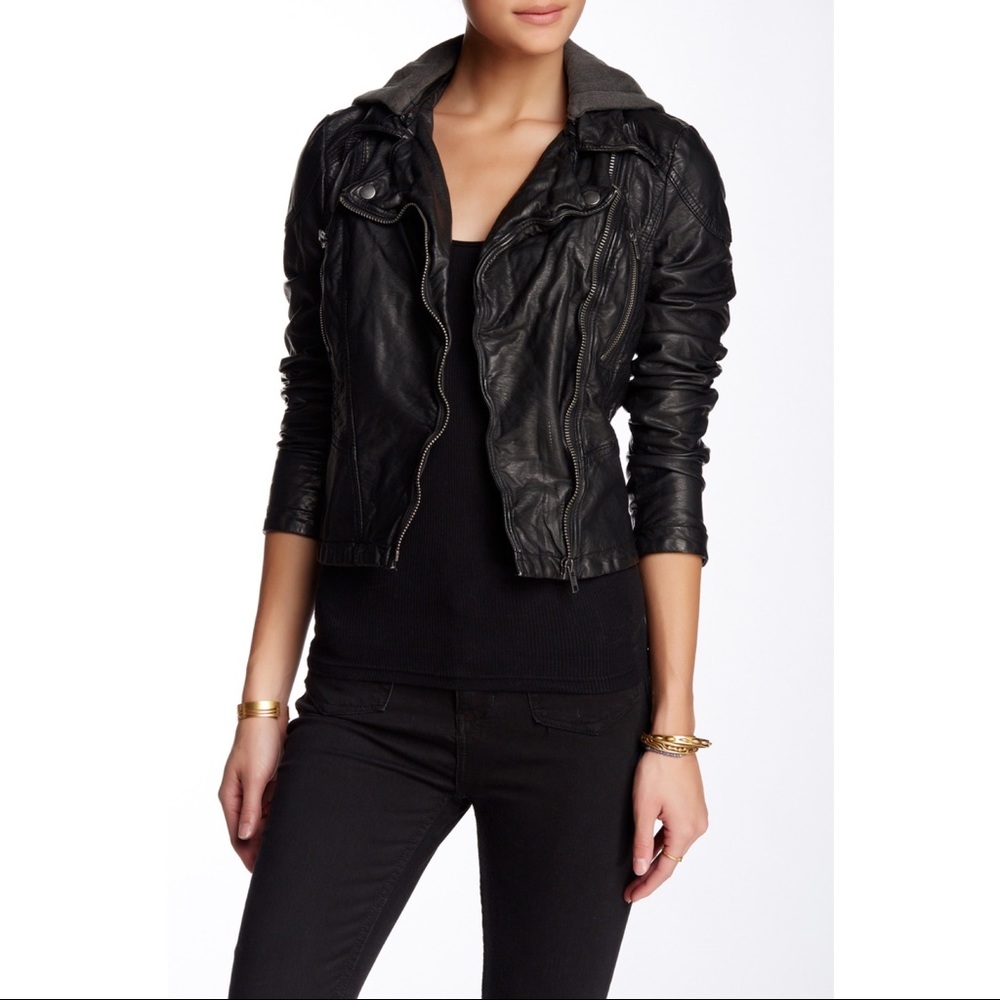 Faux Leather Moto Jacket With Removable Hood